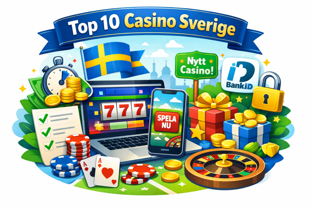 Top 10 Casino Sverige – illustration med online slots, kort, roulette, BankID, snabba uttag och bonusar